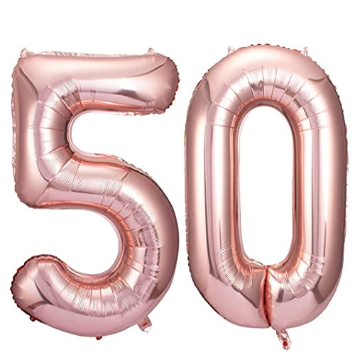 Rose Gold 50 Number Balloons Big Giant Jumbo Large Number 50 Foil Mylar Balloons for Women Men 50th Birthday Party Supplies 50 Anniversary Events Decorations-40 inch