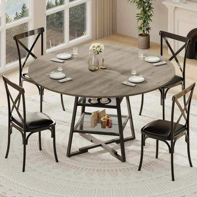 MIUUKA 42" Round Dining Table Set for 4,Large Farmhouse Wood Circle Kitchen Table with Storage,Circle Kitchen & Dining Room Furniture - Stylish and Spacious - Classic,Grey