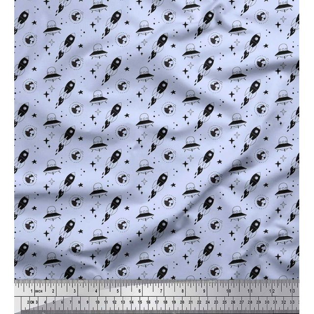 Soimoi Blue polyester Crepe Fabric Rocket & Spaceship Galaxy Decor Fabric Printed Yard 52 Inch Wide