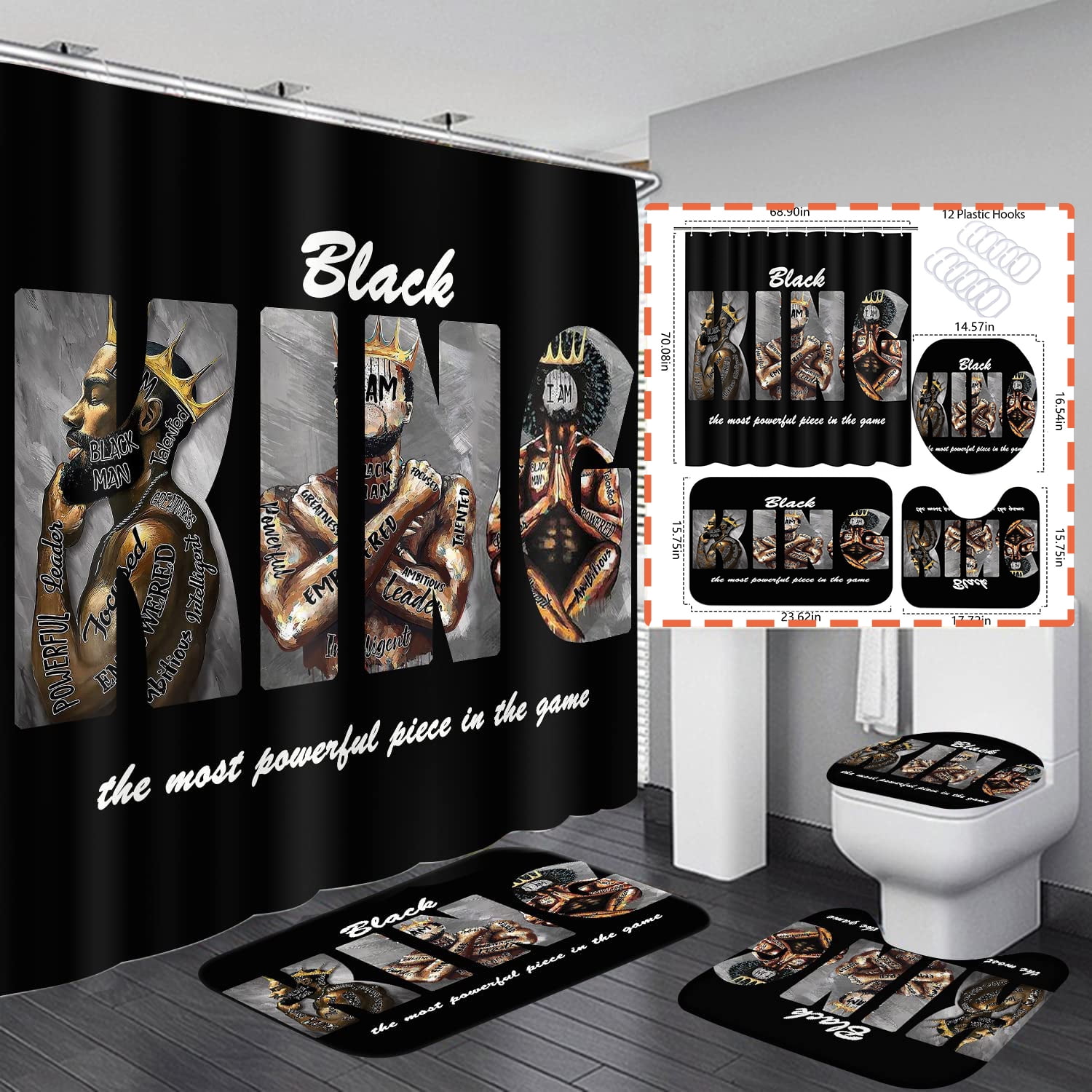 FRAMICS Black King Shower Curtain Sets with Rugs, 16 Pc African American Bathroom Sets, Waterproof Fabric Bathroom Curtain Decor with Hooks