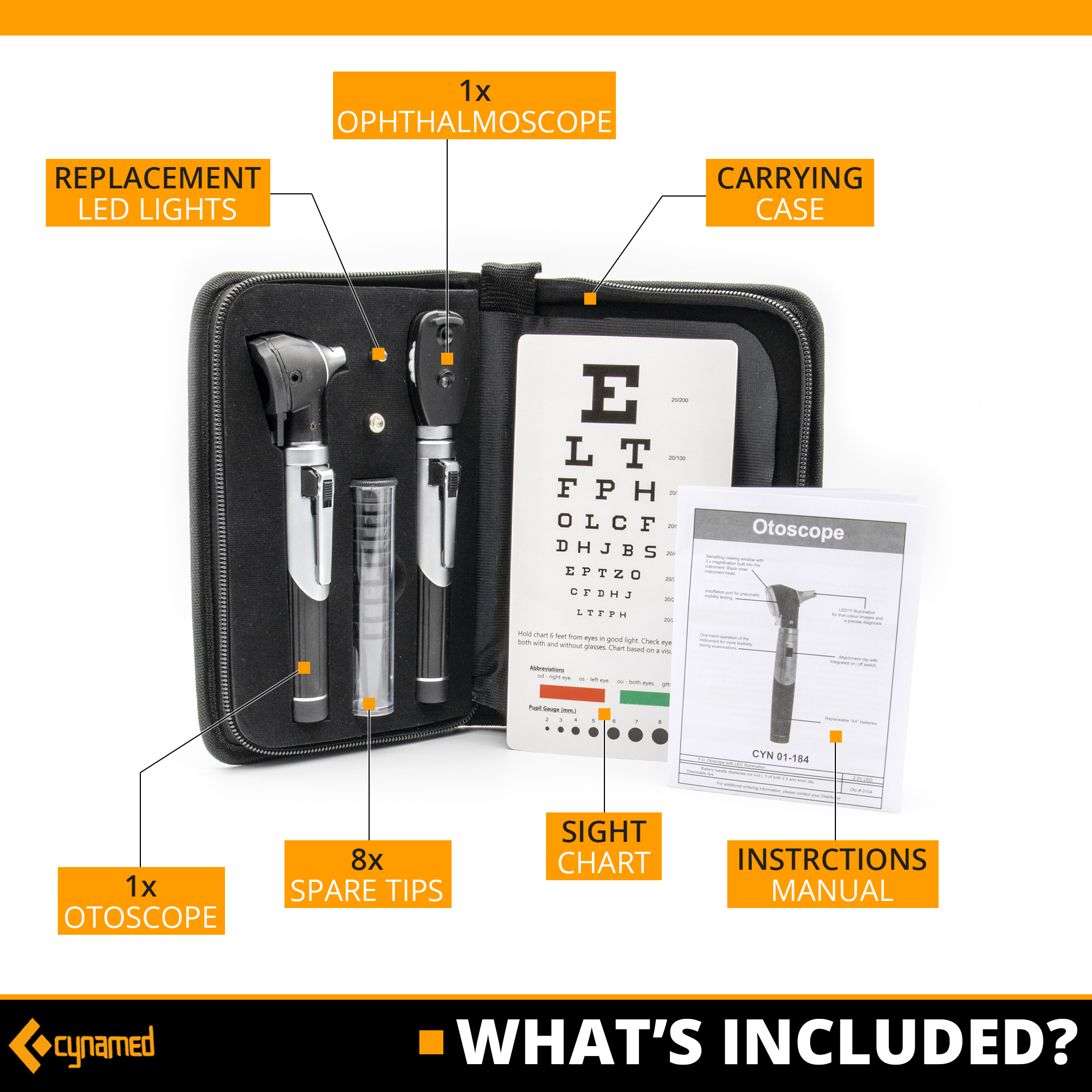 Cynamed Duplex Otoscope Set - Multi-Function Ear Scope for Ear & Eye Examination - Includes Zipper Case and Gift Box (Black)