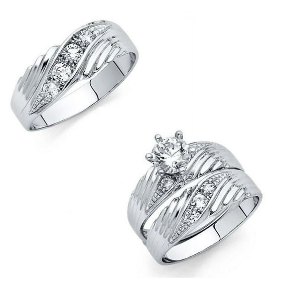 14k White Gold 1.30 ct CZ Solitaire Wedding Ring Trio Set Bride & Groom