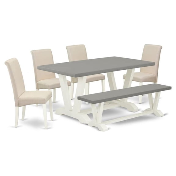 East West Furniture V-Style 6-piece Wood Dining Set in Linen White/Cement