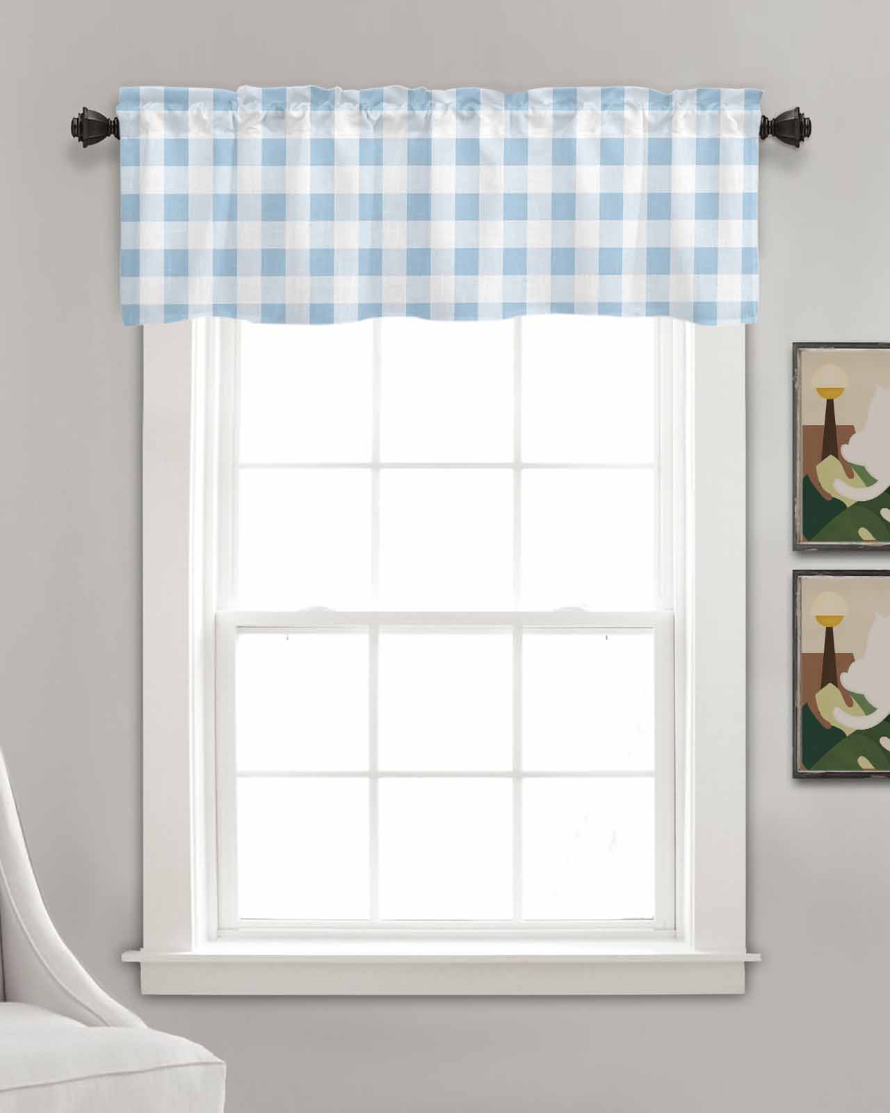 Buffalo Plaid Blue Linen Curtain Valance for Bedroom/Bathroom/Kitchen/Office/Living/Dining Room Windows,Country French Simple White Lattice Pocket Topper Drapes Decorative Cafe Drapery Panel 54x18