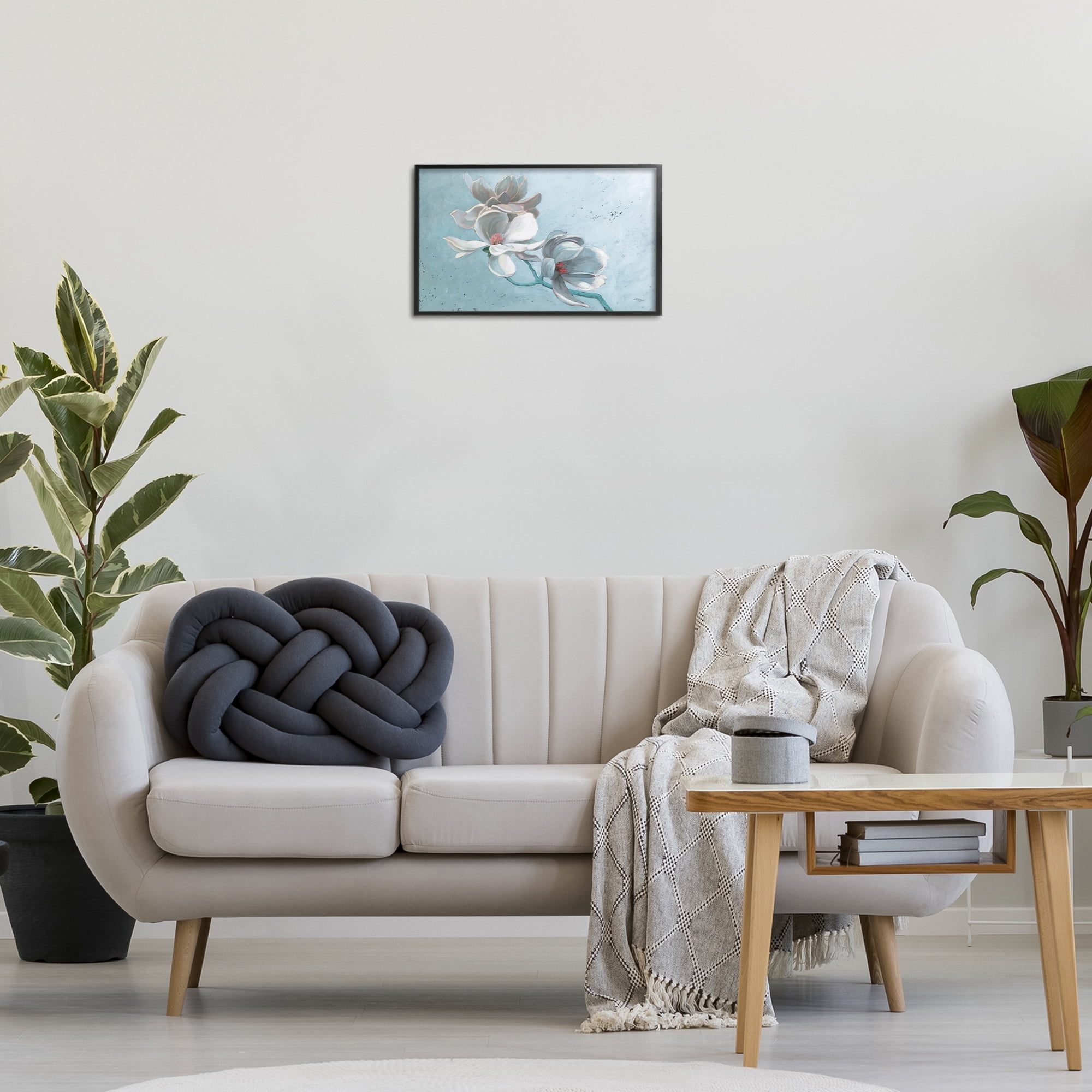 Stupell Industries Magnolia Branch on Blue Botanical & Floral Painting Black Framed Art Print Wall Art, 18 x 12