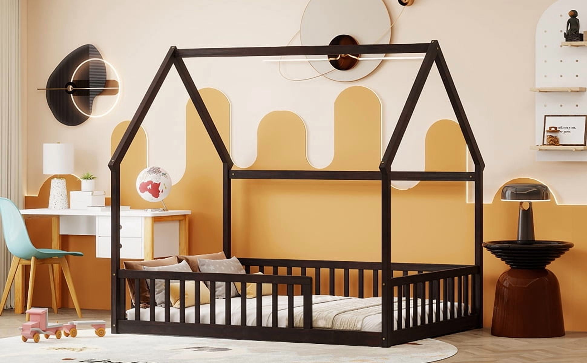 Full Size House Floor Bed with Roof Frame, Pine Wood Floor Bed with Safety Guardrails, Espresso