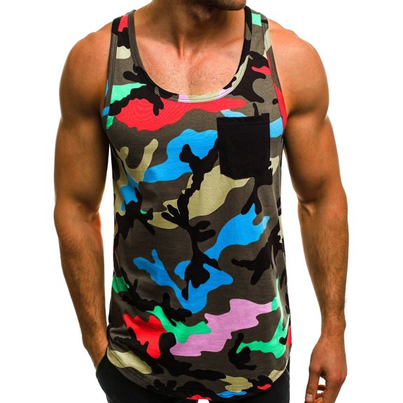 ZHOGXU Men's Tank Top Summer Sleeveless Round Neck Camouflage Print Lightweight Breathable Sports Vest For Fitness Training,Blue,Xxxl