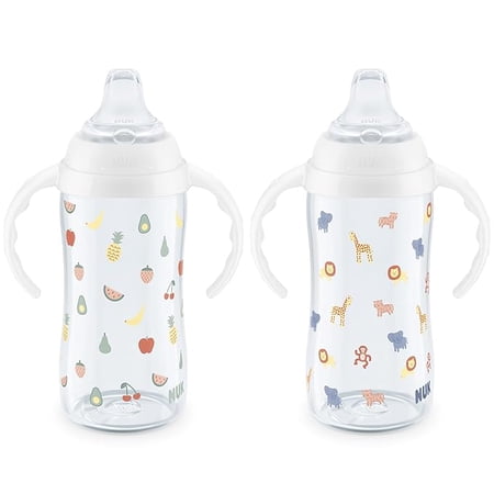 NUK Learner Cup, 8+ Months, Fun Fruits and Animals 10 Oz, Pack of 2, BPA-Free, Soft Spout, Spill Proof Sippy Cup