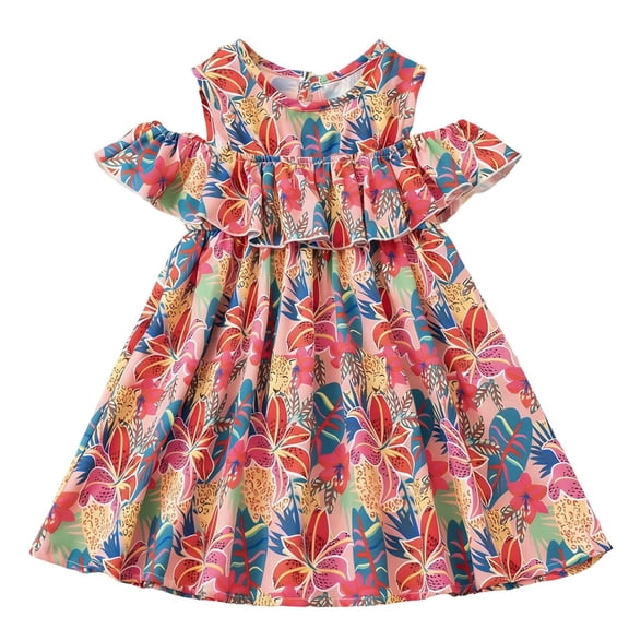 Girls Cold Shoulder Ruffle Dress Tropical Floral Leopard Print Summer Beach Vacation Dress for Girls 2-8 Years Multicolor,Size 5-6 T