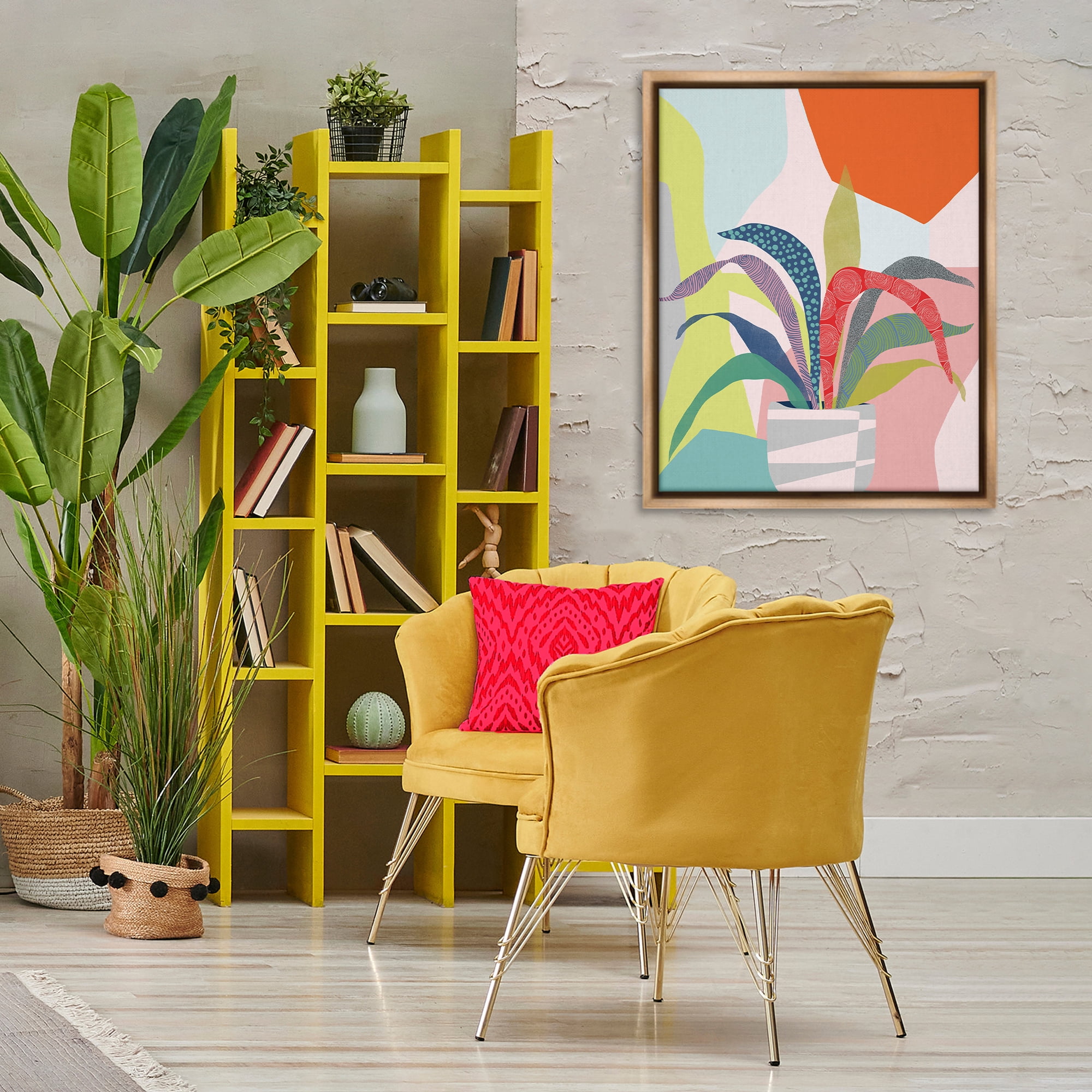 Stupell Industries Modern Geometric Plant Leaves Plants & Flowers Painting Brown Floater Framed Canvas Art Print Wall Art, 25 x 31