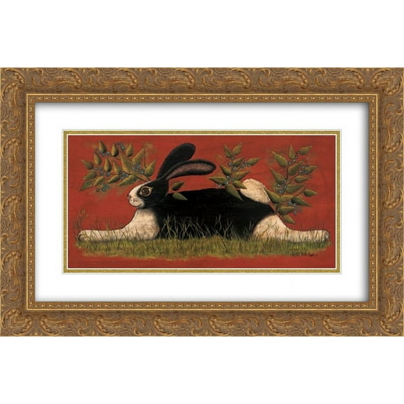 Red Folk Bunny 2x Matted 20x12 Black Ornate Framed Art Print by Lisa Hilliker