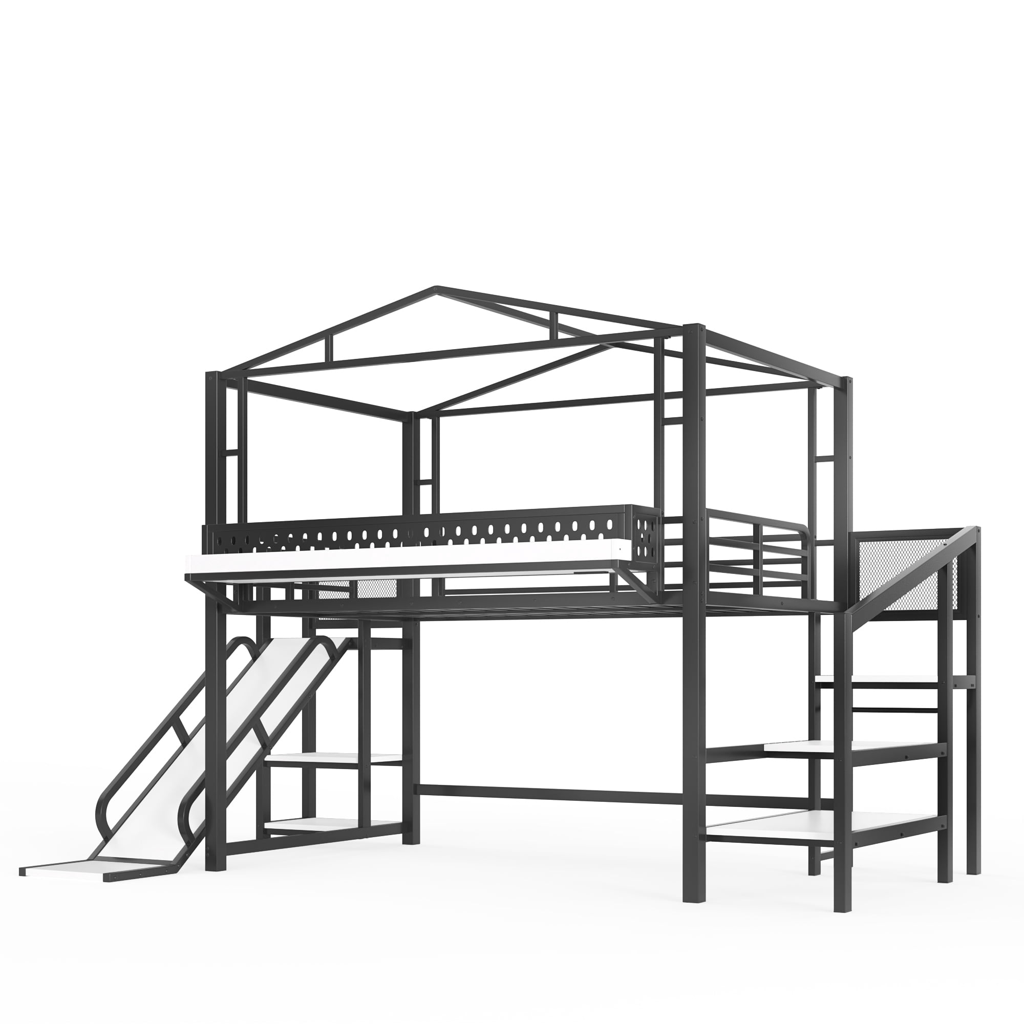 Leumius Full Size Loft Bed with Storage Stairs, Metal Loft Bed Frame with Built-in Wardrobe,Storage Shelves,USB Ports and LED Lights,Noise-reduced Design,Black