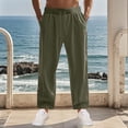 thumbnail image 2 of Wyobmus Lightweight Linen Pants for Men Solid Color Button Elastic Waist Drawstring Pants Baggy Straight Pant Summer Beach Pants Breathable Trousers Olive Green, 2 of 7