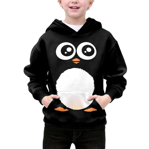 Bibifish Kids Hoodies Cartoon Penguin Graphic Print Hooded Sweatshirts Soft Pocket Drawstring Hood Casual Outdoor Activities Cute Hoodies