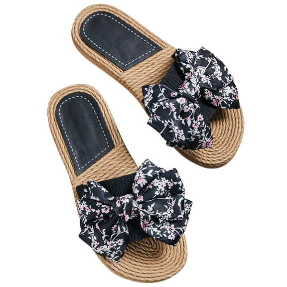 Lovskoo 2024 Women's Slippers Open Toe Flip-Flops Linen Bow Flat Sandals Floral Summer Comfortable Shoe Black