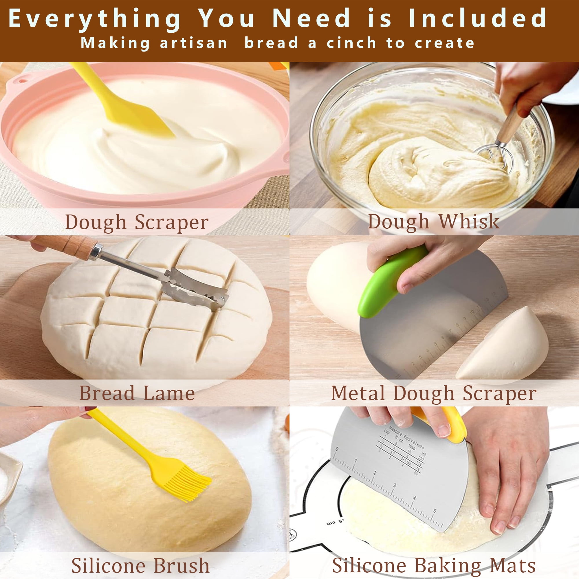 Livease Silicone Bread Banneton Proofing Basket Sets w/Liners & Baking Mats, Sourdough Starter Kit