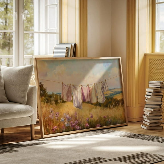 Vintage Clothesline Art - Pastoral Field Landscape With Wildflowers, Rustic Farmhouse Laundry Room Decor Wall Art, Modern Wall Decor, 8x12 UNFRAMED