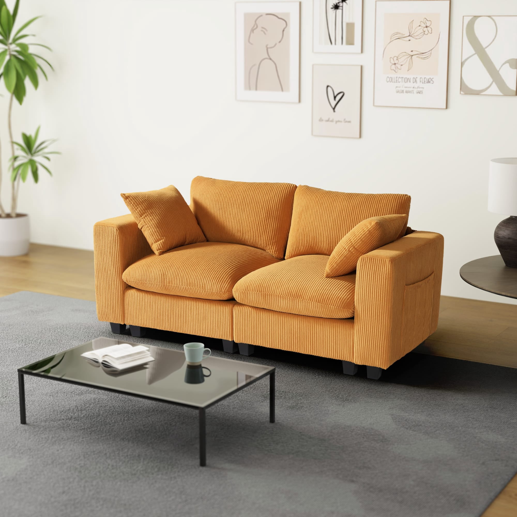 WestinTrends Hearthside 70" Modular Corduroy Loveseat Sofa With USB/Type-C Ports and Side Pockets, Mustard