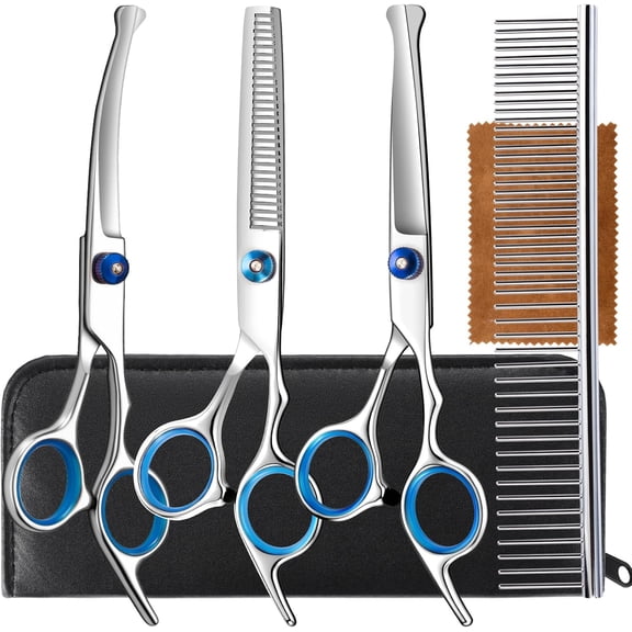 5 in 1 Upgraded Thicken Dog Grooming Scissors, Professional Dog Scissors for Grooming with Safety Round Tips,Stainless Steel Thinning Shears, Pet Cat Shears for Grooming Kit