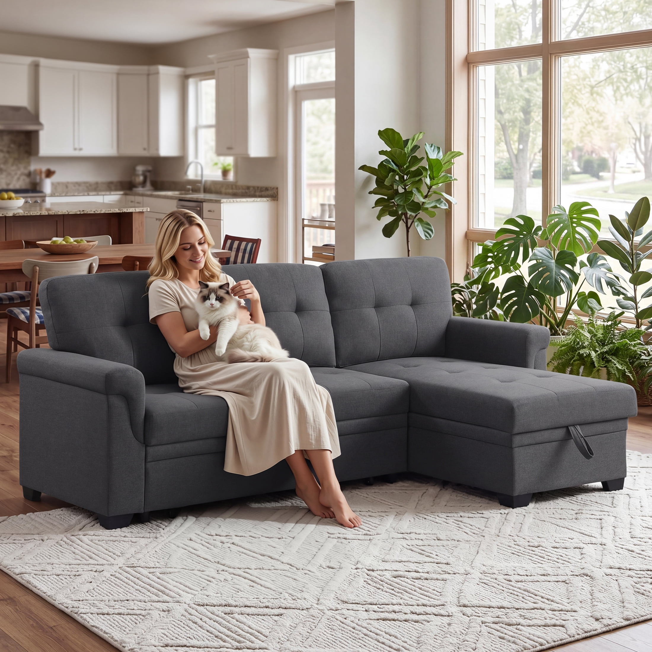 Aenkyo Linen Fabric Reversible Sleeper Sectional Sofa Bed with Storage Chaise, Gray