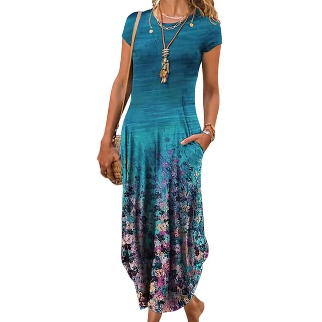 Daeful Robe Longue pour Femmes Col Rond Maxi Robes Fête Imprimé Floral Bohème Été Plage Robe Vert Clair 2TG