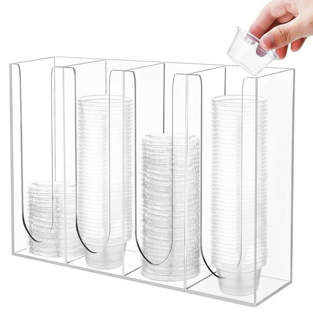 Dispensador de tapas de tazas de 4 compartimentos, taza de salsa acrílica y soporte para tapa, organizador de vasos de papel desechables montado en la pared, soporte de almacenamiento para tazas de sa