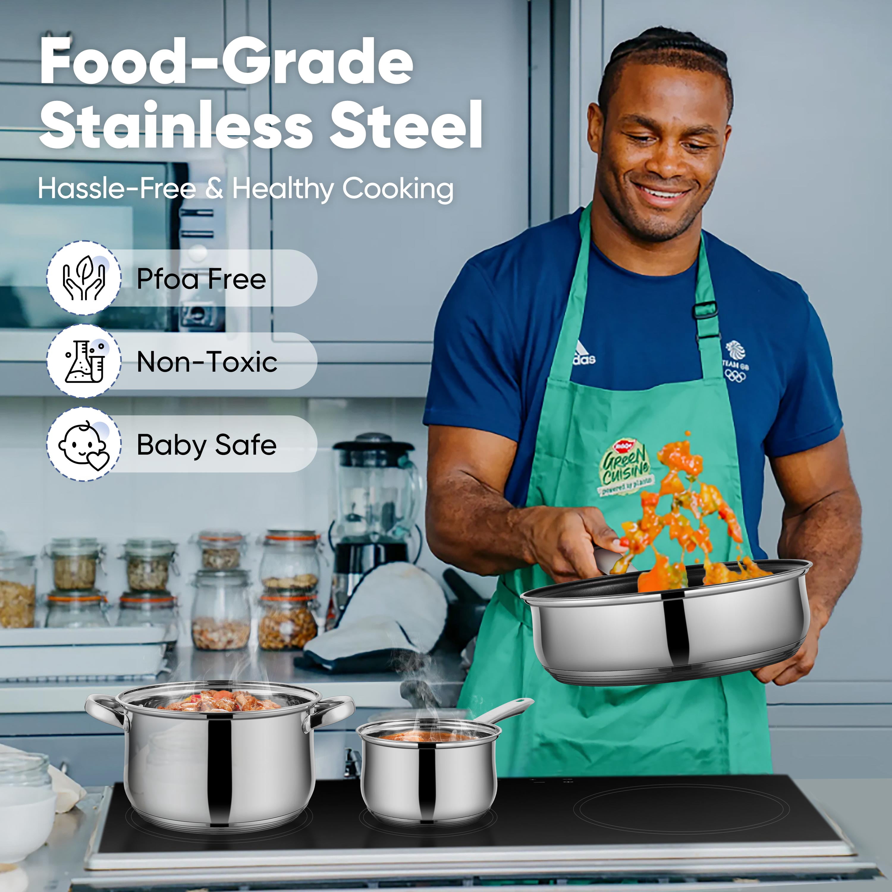 Coliware Pots and Pans Set, 5Pcs Stainless Steel Cookware Sets with Stock Pots Saucepans Frying Pans, Non-Stick Commercial Cooking Set Compatible with All Stovetops, Dishwasher Safe