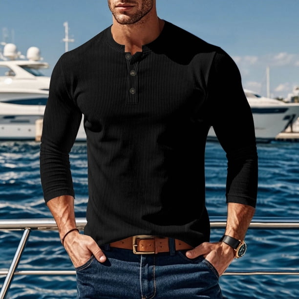 pstuiky manga larga para hombre, Camiseta de pana con botones, cuello redondo y manga larga de color liso para hombre Tops casuales para hombres s