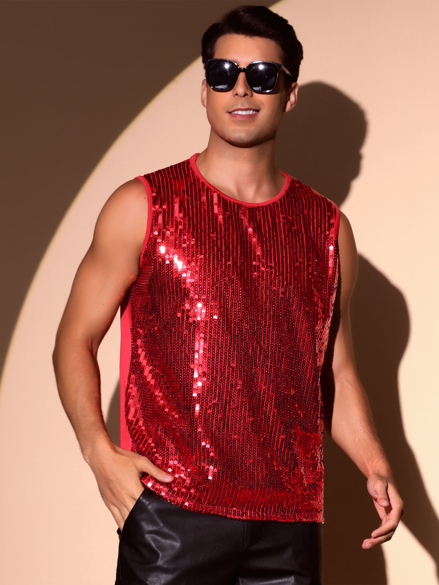 DARING DIVA Men's Patchwork Sleeveless Party Night Out Sparkle Vest 2XL Red
