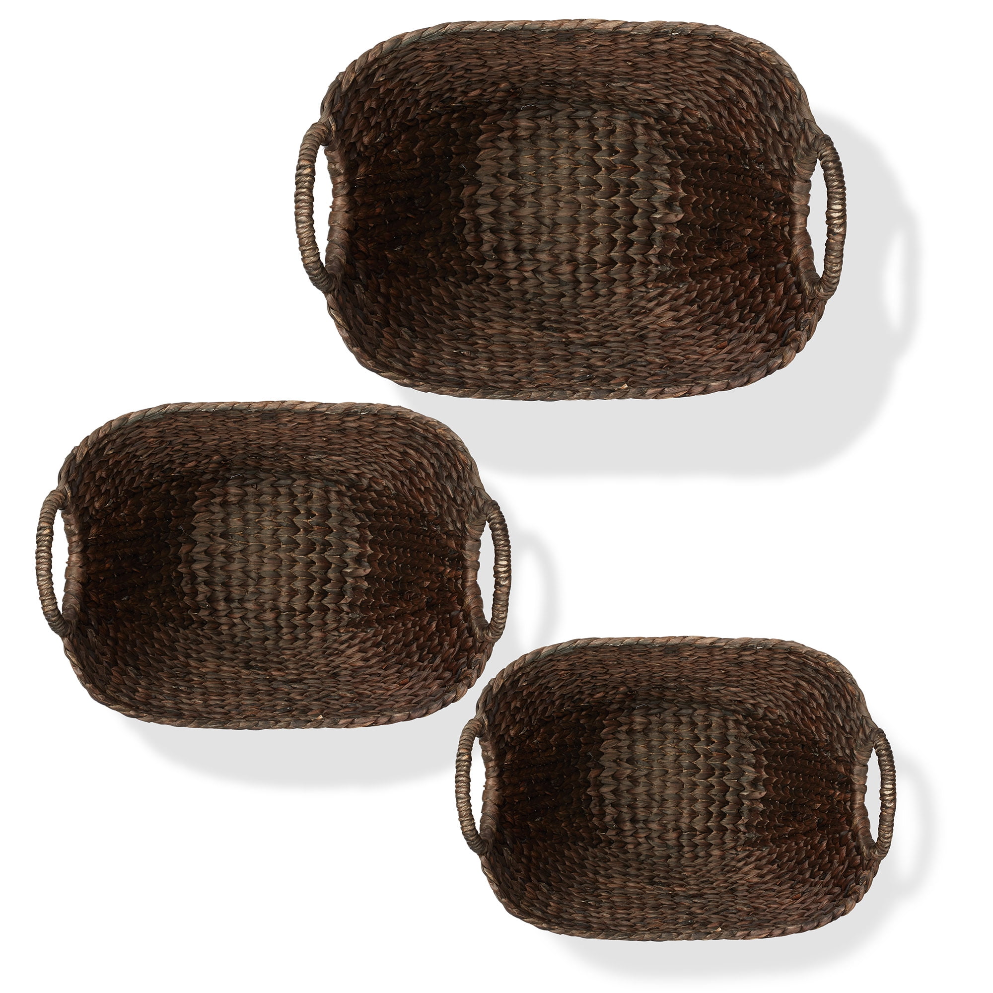 Casafield Set of 3 Boat Baskets with Handles - Espresso, Woven Water Hyacinth Storage Organizers for Blankets, Laundry, Bathroom, Bedroom, Living Room