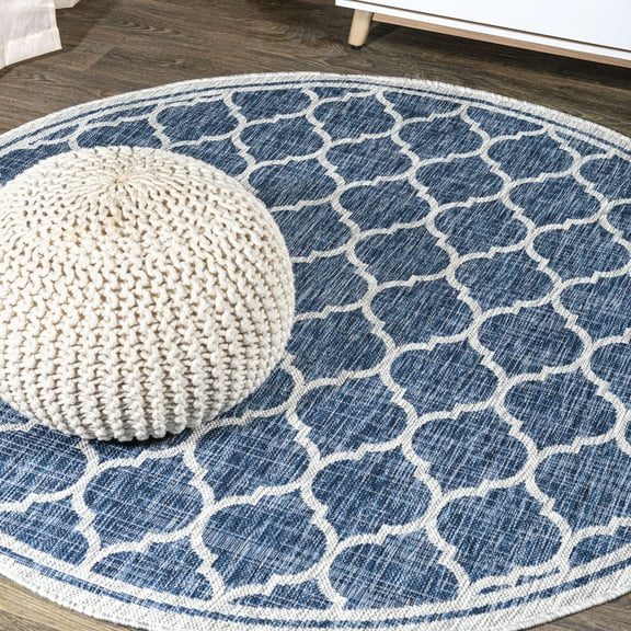 JONATHAN Y SANTA MONICA 9' Round Area Rug, Trebol Moroccan Trellis Textured Weave - Navy/Gray, SMB109D-9R