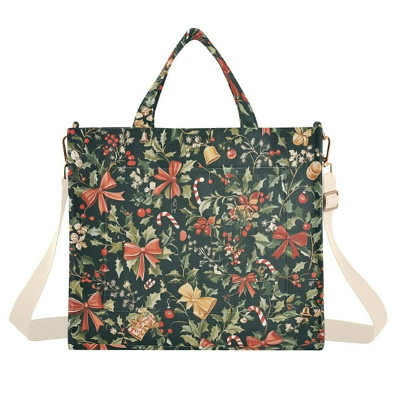 FORMRS Womens Corduroy Tote Bag Crossbody Shoulder Handbag with Pocket, Christmas Bows
