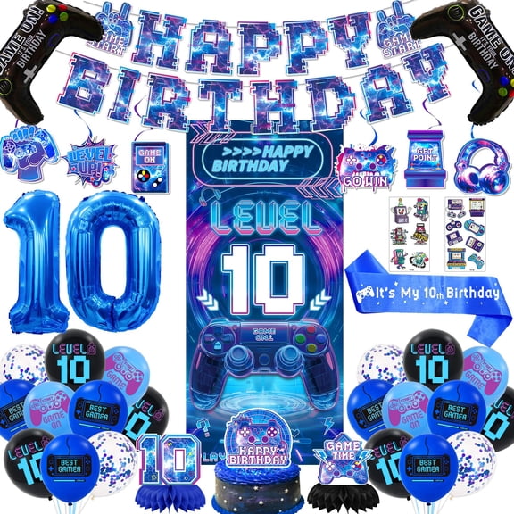 10th Birthday Decorations for Boys, Video Game Level 10 Birthday Decorations Include Banner Backdrop Sash Honeycomb Centerpieces Hanging Swirls Stickers Cake Topper for Gamer Party Supplies Y114