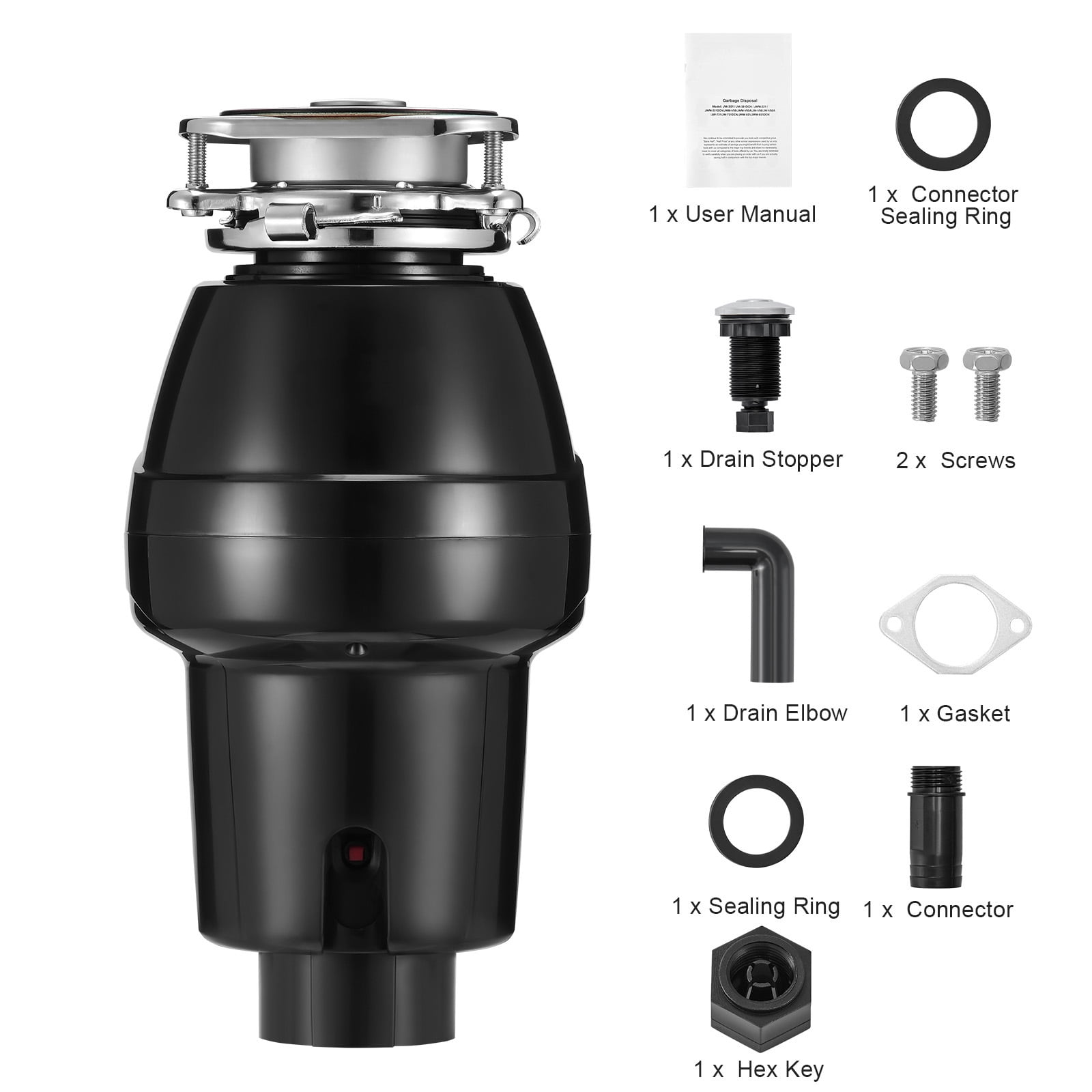 KFFKFF Garbage Disposal, 1/2 HP 3450RPM Constant Operation Food Refuse Device, 3-Bolt Attachment Food Scraps Pulverizing System with Noise Diminishing, Electric Cable & Splash Protector