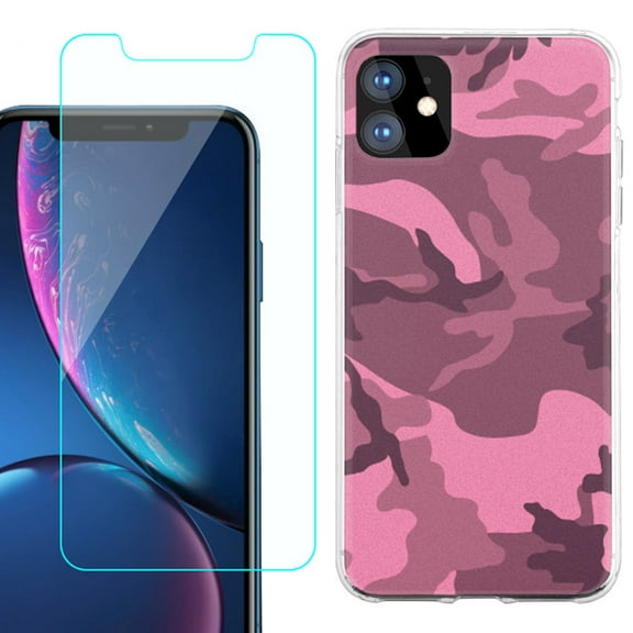For Apple iPhone 11 Case , Slim-Fit TPU Protective Phone Case with Tempered Glass Screen Protector, by OneToughShield ® - Camo Pink