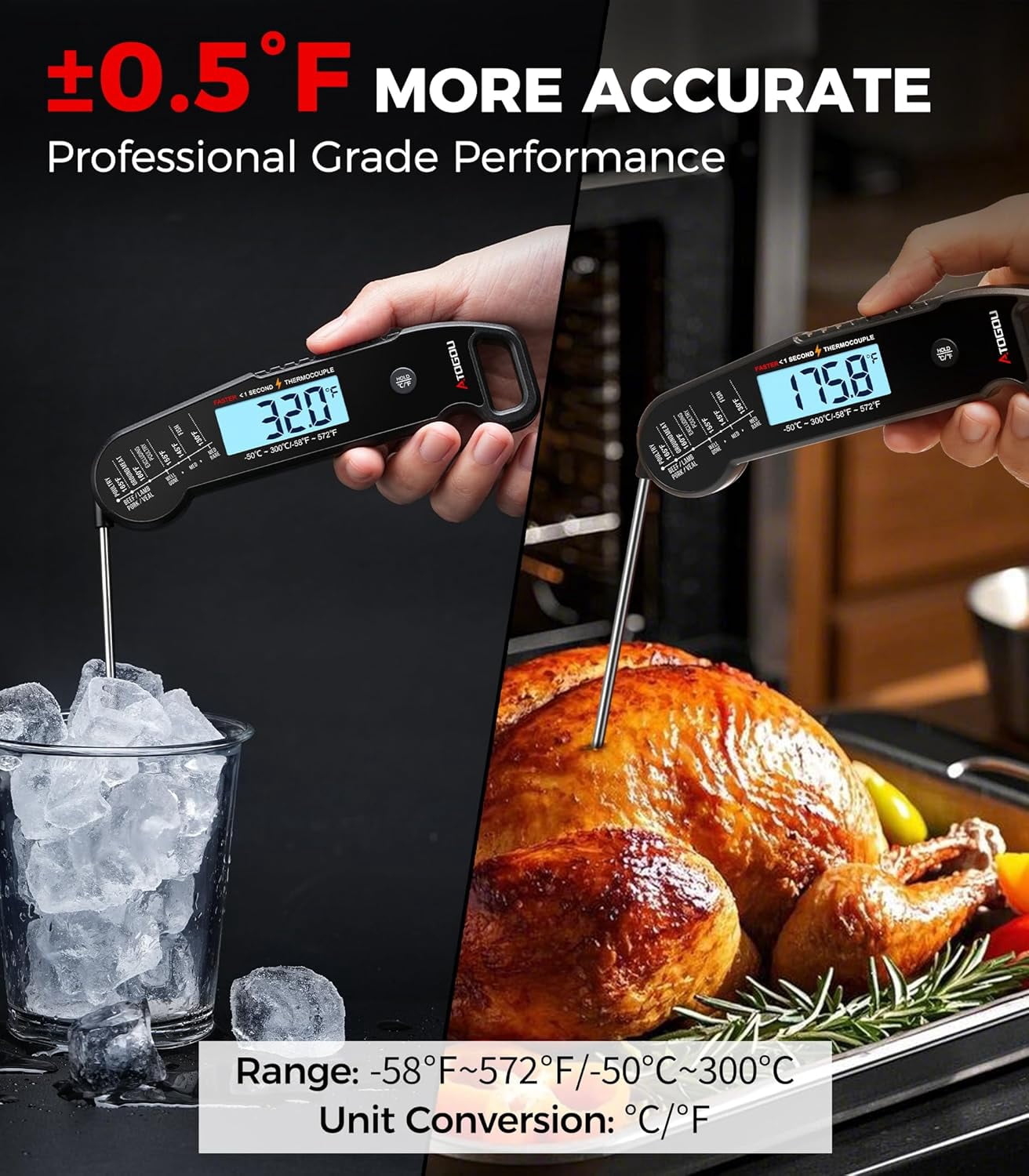 Meat Thermometer, Professional Food Thermometer, <1 Sec Instant Read, ±0.5℉ Accuracy, Thermocouple Sensor, Waterproof Digital Thermometer for Cooking, BBQ, Grill, Him Dad Birthday Gifts, Black