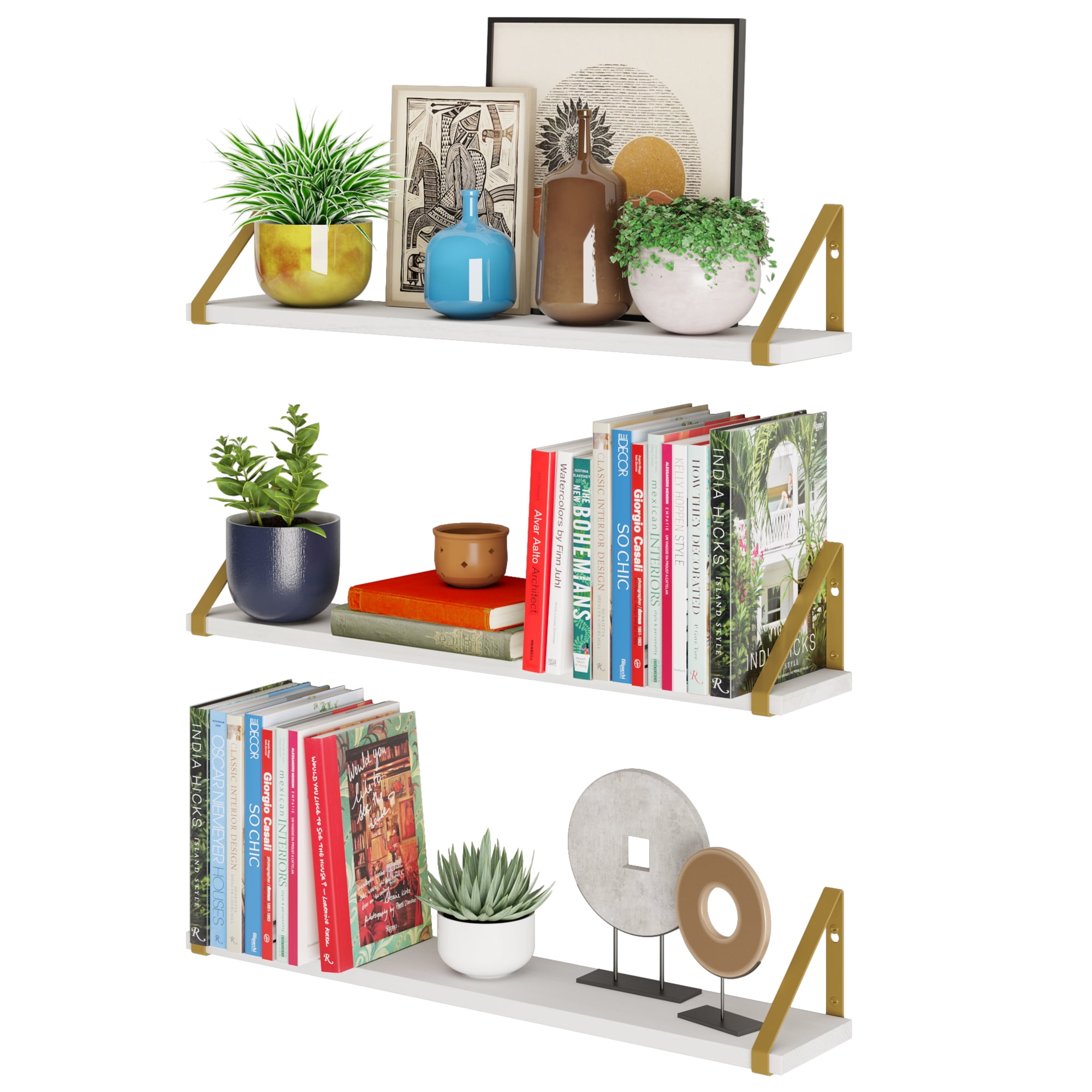 Wallniture Ponza Natural Wood Floating Bookcases Set of 3 Rustic Wall Shelves for Living Room Bedroom Office Bathroom Over the Toilets Shelf Décor, White