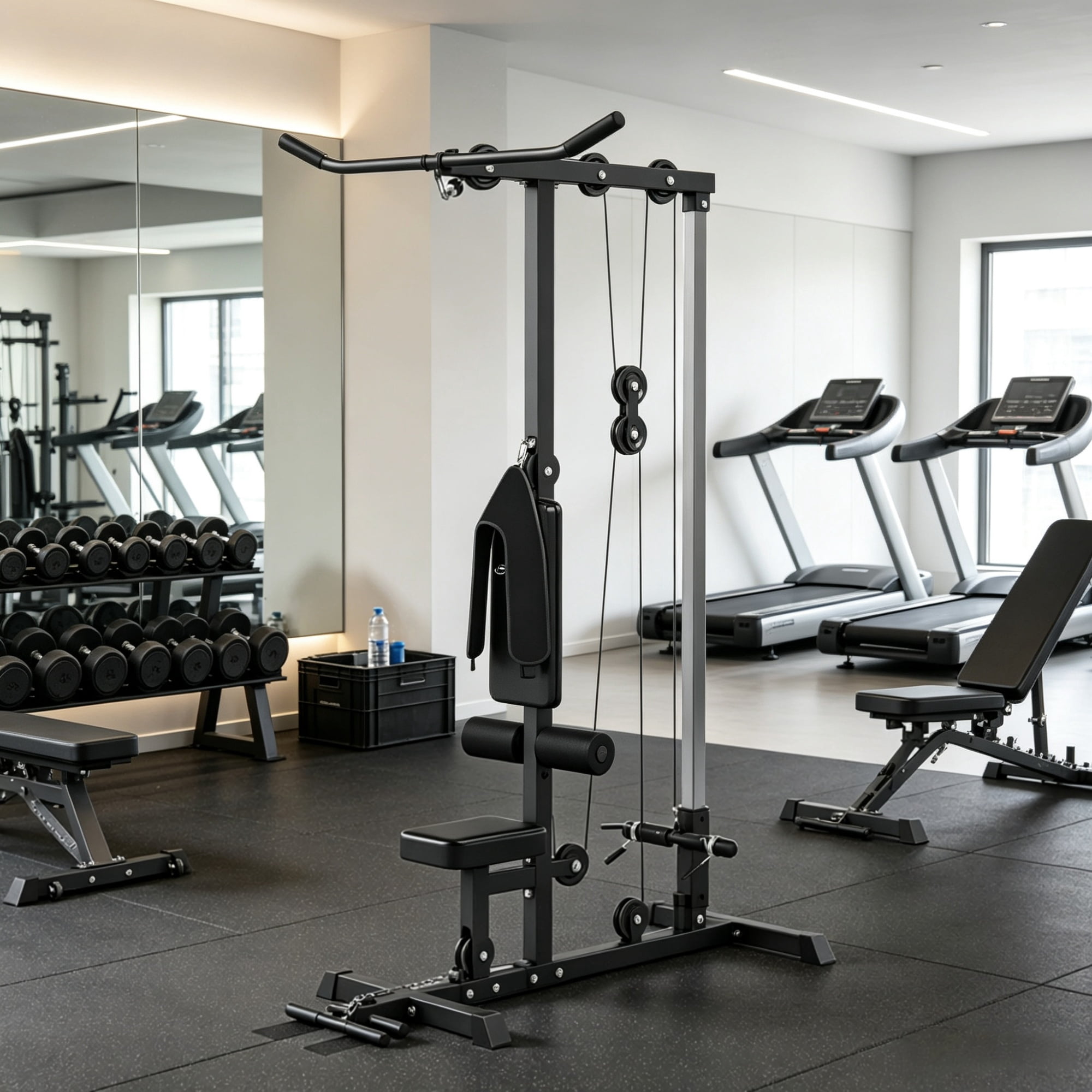 Pull Down Machine with Adjustable Seat And Flip-Up Footplate High/Low Pulley Home Gym Equipment Black