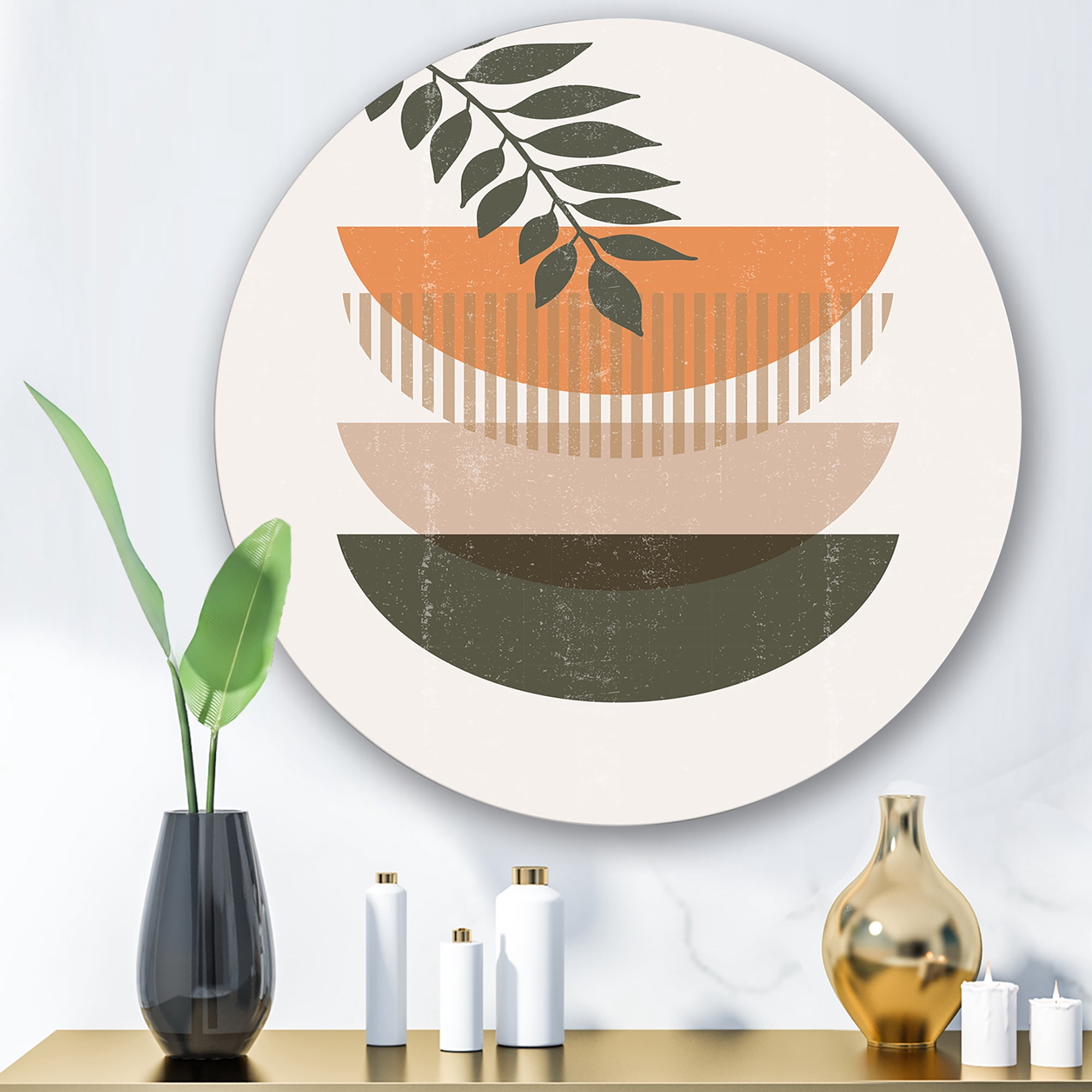 Designart 'Abstract Geometrical Moon and Sun With Leaf II' Modern Circle Metal Wall Art 11x11 - Disc of 11