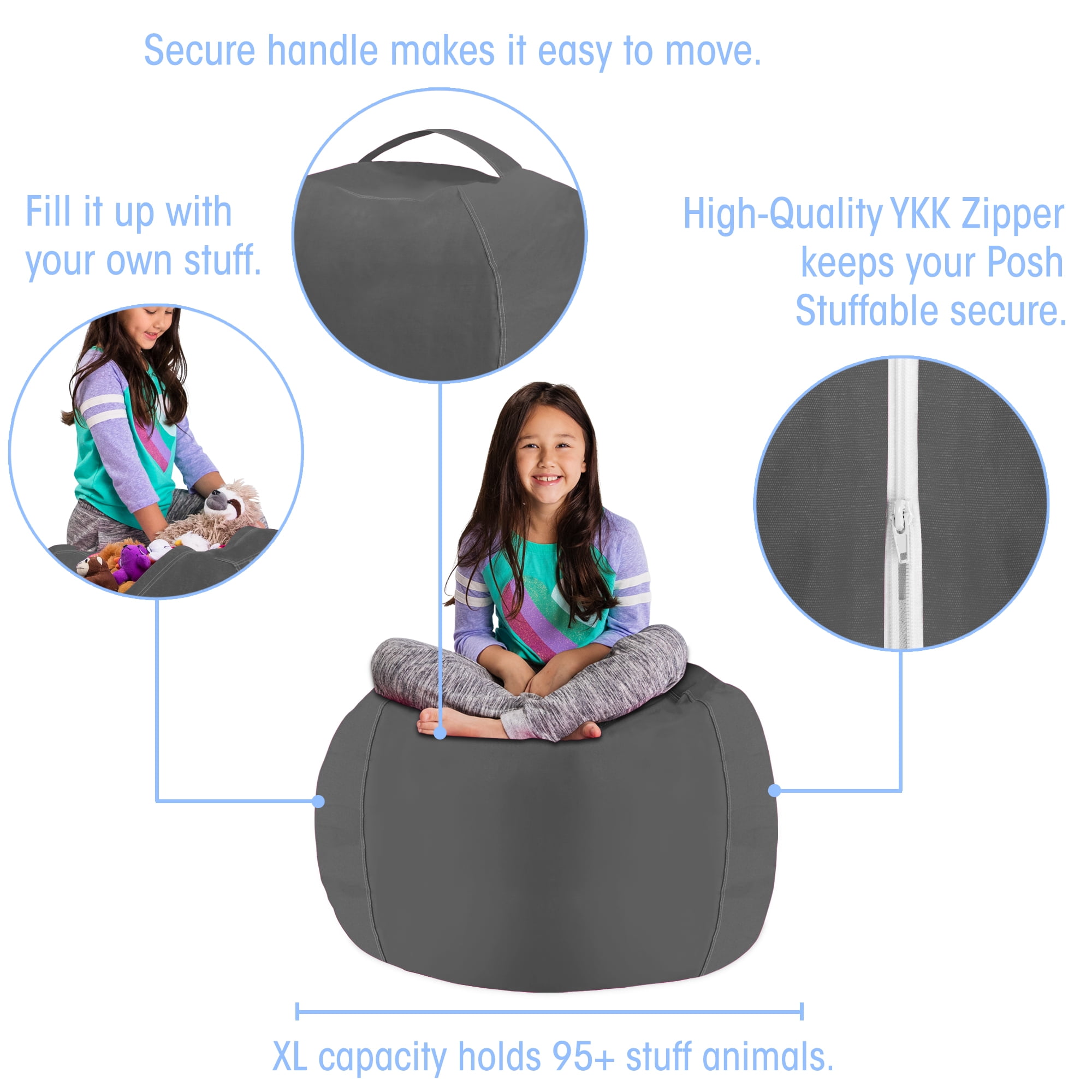 Posh Creations Bean Bag Stuffable Cover - Toy Organizer, Soft Cover, Kids, 3 ft, Heather Gray