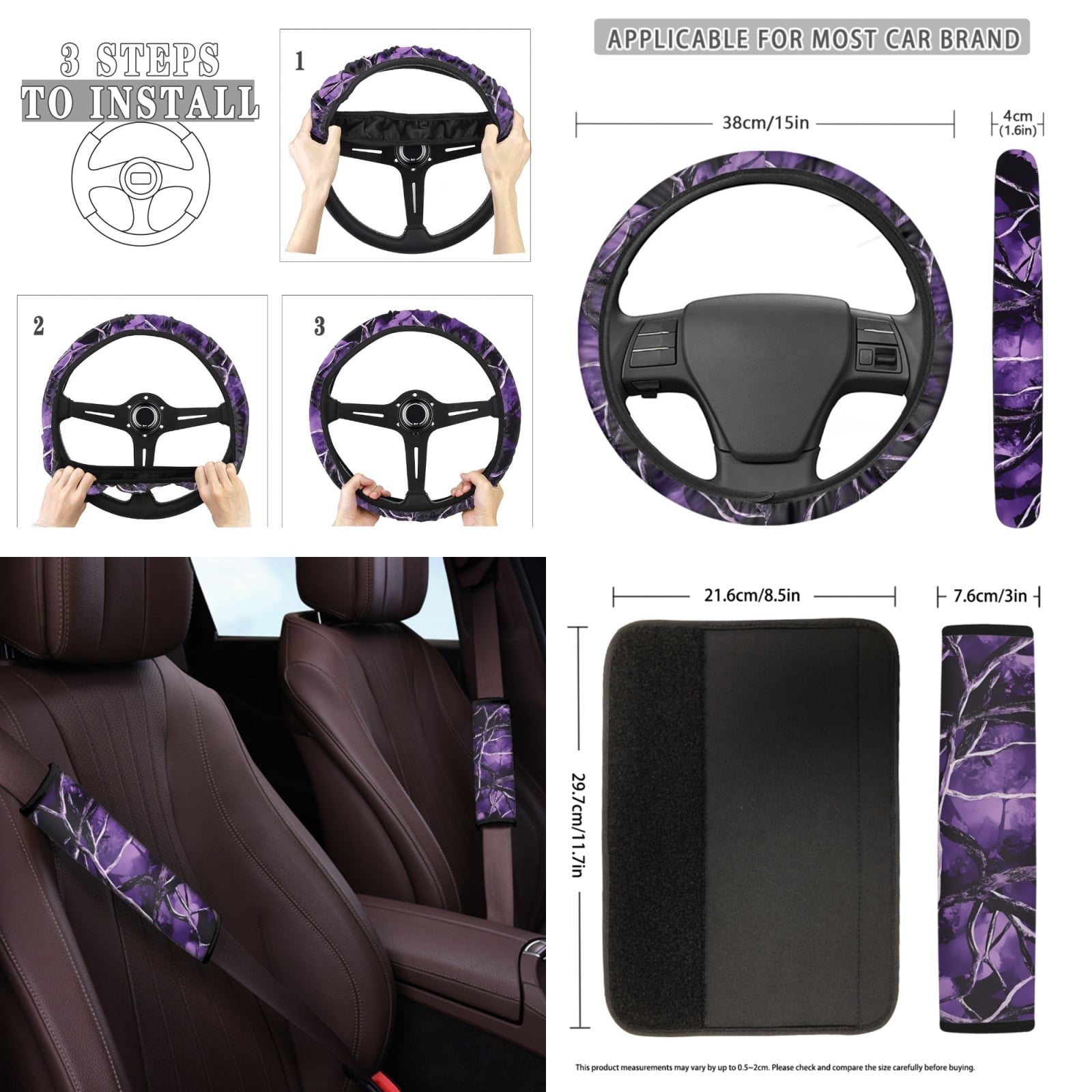 Yuyamidu Camo Hunting Car Seat Covers Set of 12 Purple Wood Steering Wheel Cover Seatbelt Cushion Pad Cup Holder Chapstick Sleeve Keychain Wrist Strap Key Chain Car Accessories