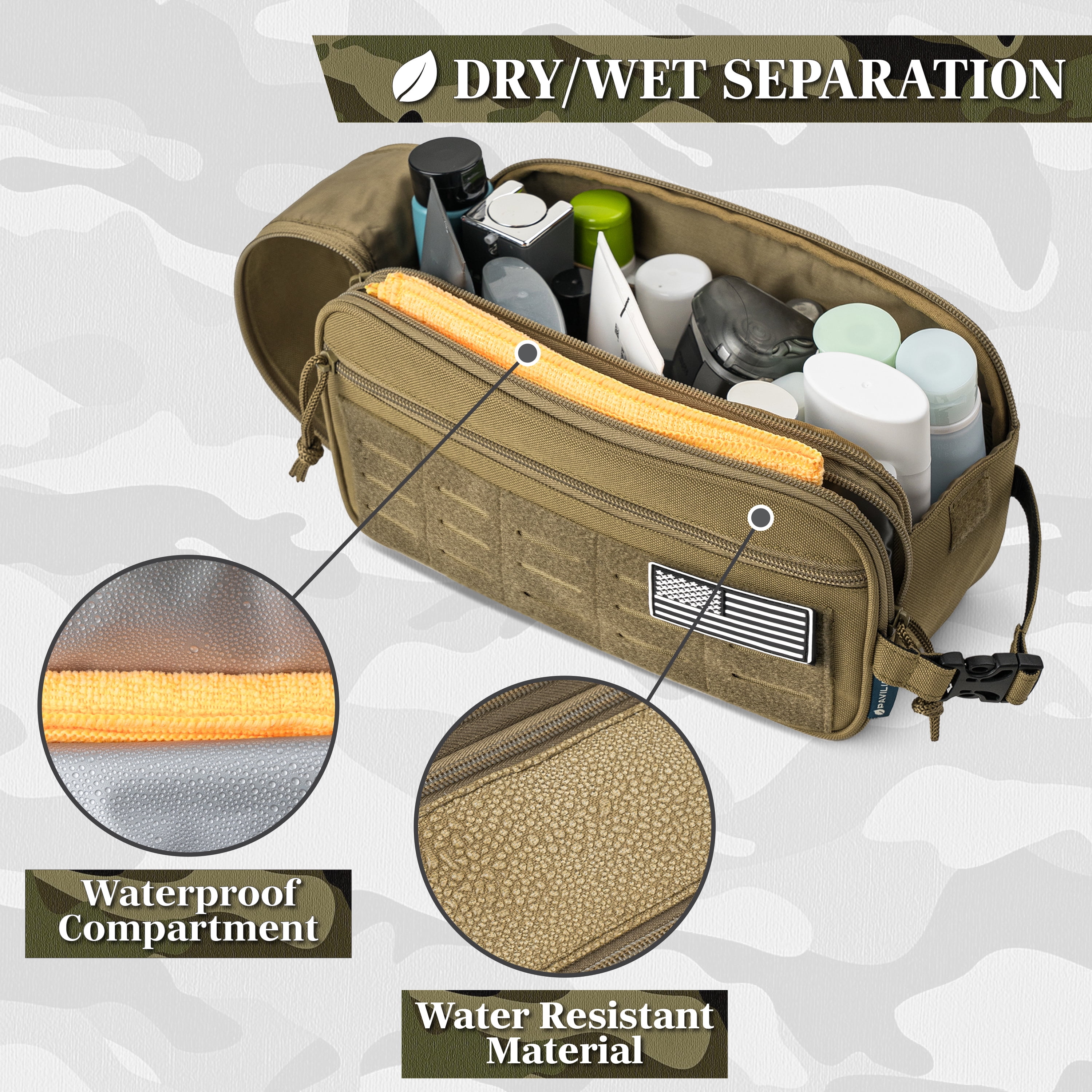 Pavilia Extra Large Tactical Toiletry Bag for Men, Hygiene Travel Bag, Military Dopp Kit, Water Resistant Molle Pouch, Mens Shaving Grooming Essentials,wer Small Organizer Case, Tan Brown