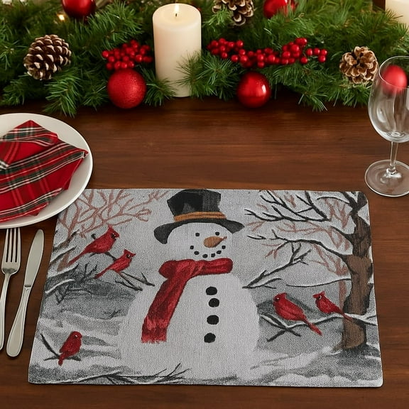 Serafina Home Christmas Tapestry Placemat- Set of 6 Weave Fabric Snowman & Cardinal Bird Tapestry Design for Holiday's, Thanksgiving, Winter, Christmas