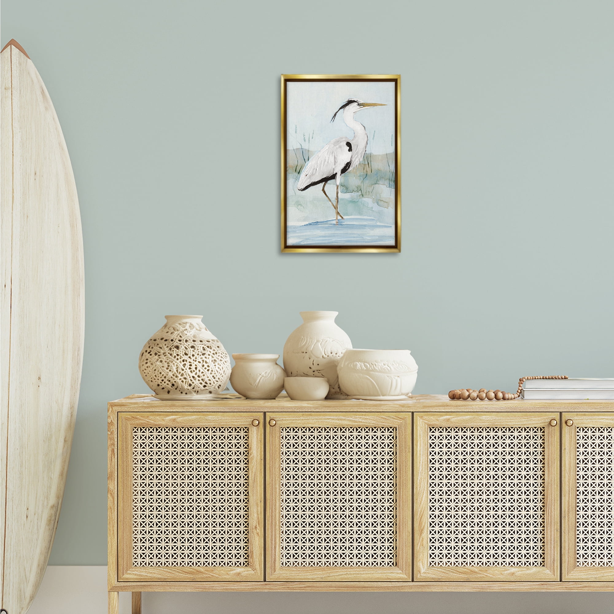 Stupell Industries Stepping White Egret Animals Painting Gold Floater Framed Canvas Art Print Wall Art, 17 x 25