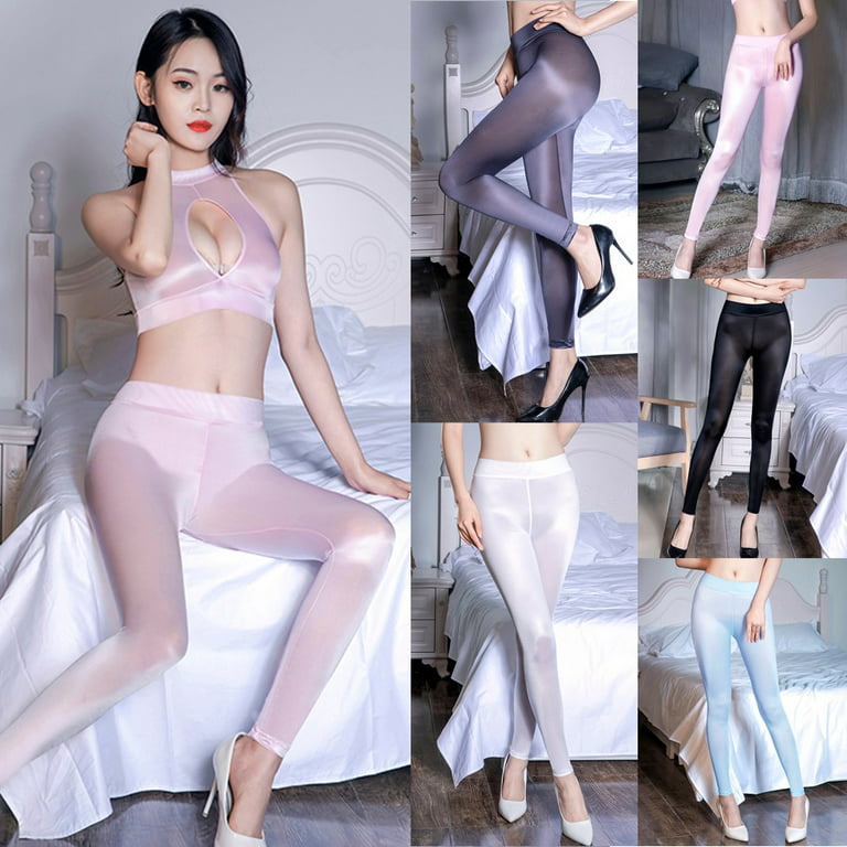ALSLIAO Sexy Women Sheer Leggings Silky Shiny Trousers Stretch Tight Pants  Clubwear Dark Gray 