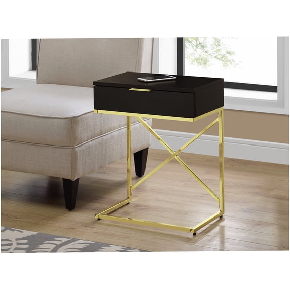 Modern Espresso Accent Table with Gold Metal Frame and Storage Drawer for Living Room or Bedroom