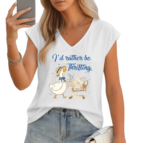UNISHE Women's I'd Rather Be Thrifting Cute Duck Print V-Neck Sleeveless T-Shirt Casual Summer Tank Top