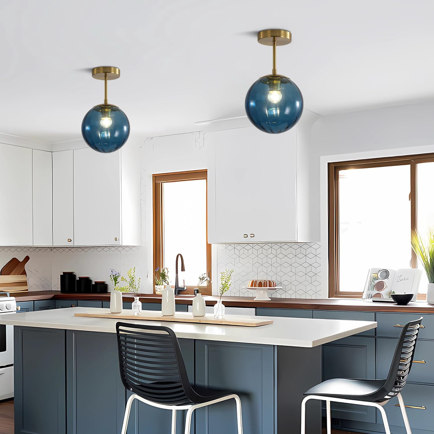 KCO Lighting Minimalist Blue Glass Semi Flush Mount Ceiling Light, Brushed Gold Globe Ceiling Lamp