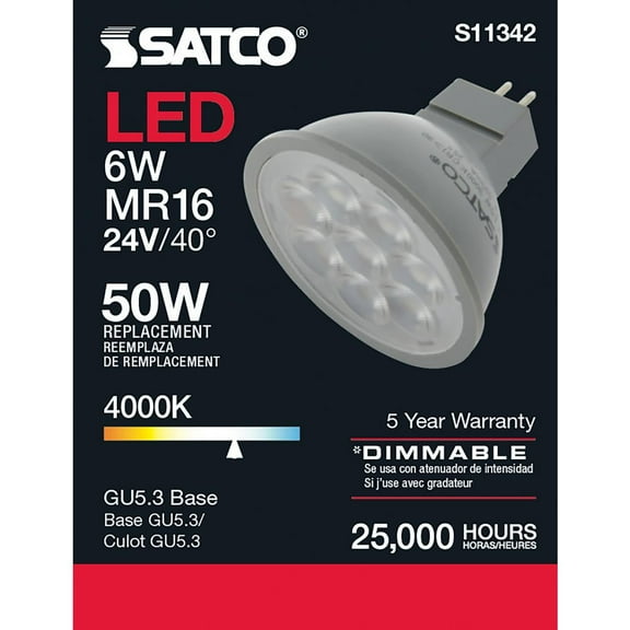 Satco 6w LED MR16 Expanded Line 4000K 40 Degrees Beam GU5.3 Base 24v - 50w-equiv