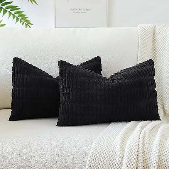 Eryueer Set of 2 Corduroy Soft Striped Cushion Covers 30x50 cm Boho Decorative Throw Pillow Covers Lumbar Cushion Case Couch Home Decor Pillowcases for Sofa Bedroom 12x20 Inch (Black)